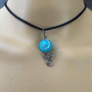 Blue Sphere Oxidized Sterling Silver Wire Wrapped Pendant